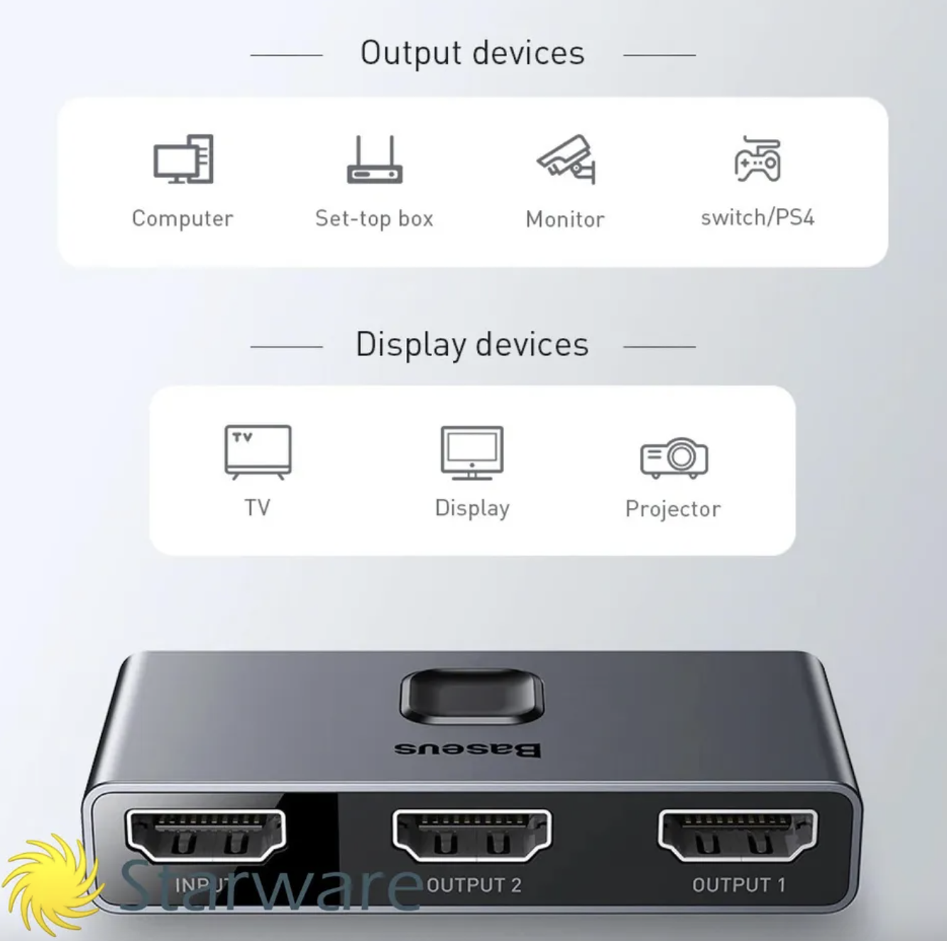 SWITCH VIDEO ADAPTADOR BASEUS HDMI CONMUTADOR ENTRADA SALIDA 2X1-1X2 4K HD  ⋆ Starware